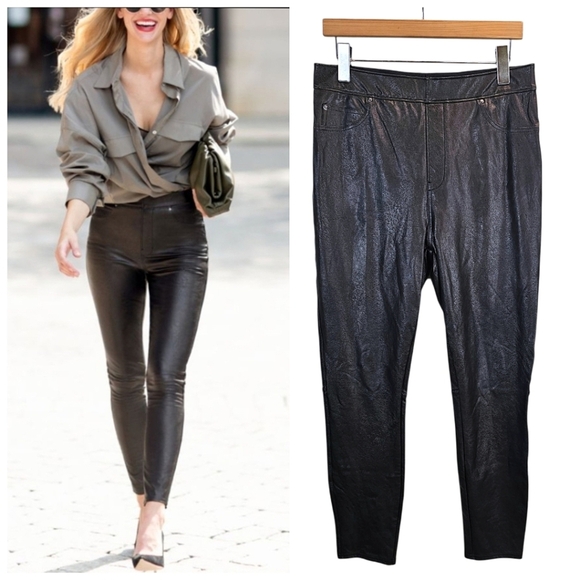 Spanx Leather Like High Rise Ankle Skinny Pants Large Sculpting Leggings Edgy - Picture 1 of 13
